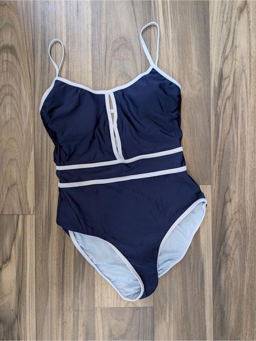 Navy Blue One-Piece Swimsuit with White Trim - Size Small